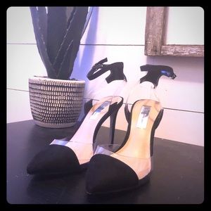 Pointy toe black and clear heels